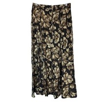 Vintage Anna Gran Floral Maxi Skirt M 100 Silk Black Brown Button Front