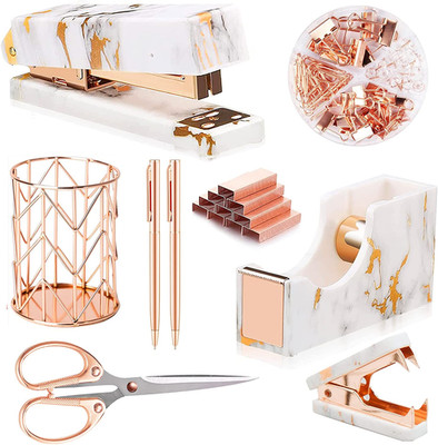 Rose Gold Marble Desk Accessories, Office Supplies Set Stapler Staple Remover, T
