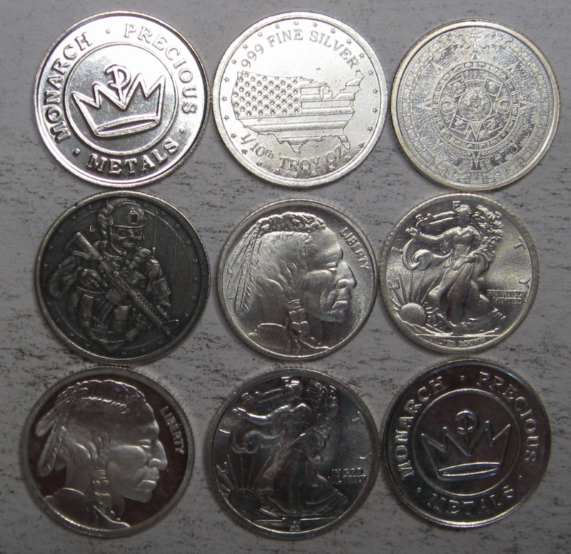 9 Silver 1/10 oz .999 Mixed Rounds. #35 w