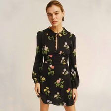 Reformation Will Mini Dress night bloom floral black long sleeve women's size 6