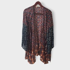 Natural Life Mixed Print Floral Kimono Maroon Navy Blue Boho Viscose Size S/M