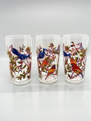 Vintage 70er Jahre Luminarc exotische Vögel Glas Becher 3er Set Frankreich sauber sehr guter Zustand