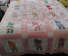 Antique Handmade Quilt SUNBONNET SUE 68"X85", Hand-Quilted, Multi-Color, Pink
