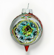 Radko Shiny Brite Indent Reflector Teardrop Christmas Ornament Glass Red Silver