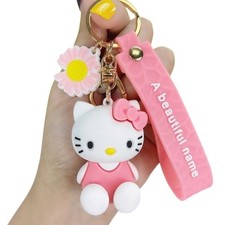 Cute Lovely Kawaii Wearing Bowknot Sitting Cat Kitty Keychain Key Ring, Pink