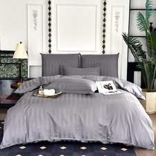 Hotel Duvet Cover Queen Size Cotton Grey Satin Striped Textured with Zipper D...