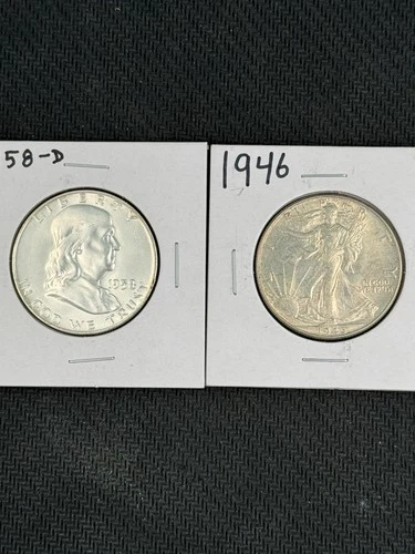 🔥1946 walking liberty 1958-D Franklin Half Dollar Coin Lot $1 FV BU Toned 90%