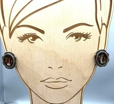 Vintage Faceted Cased Lucite Earrings, Chunky Rootbeer Ovals in Silver Tone Fram