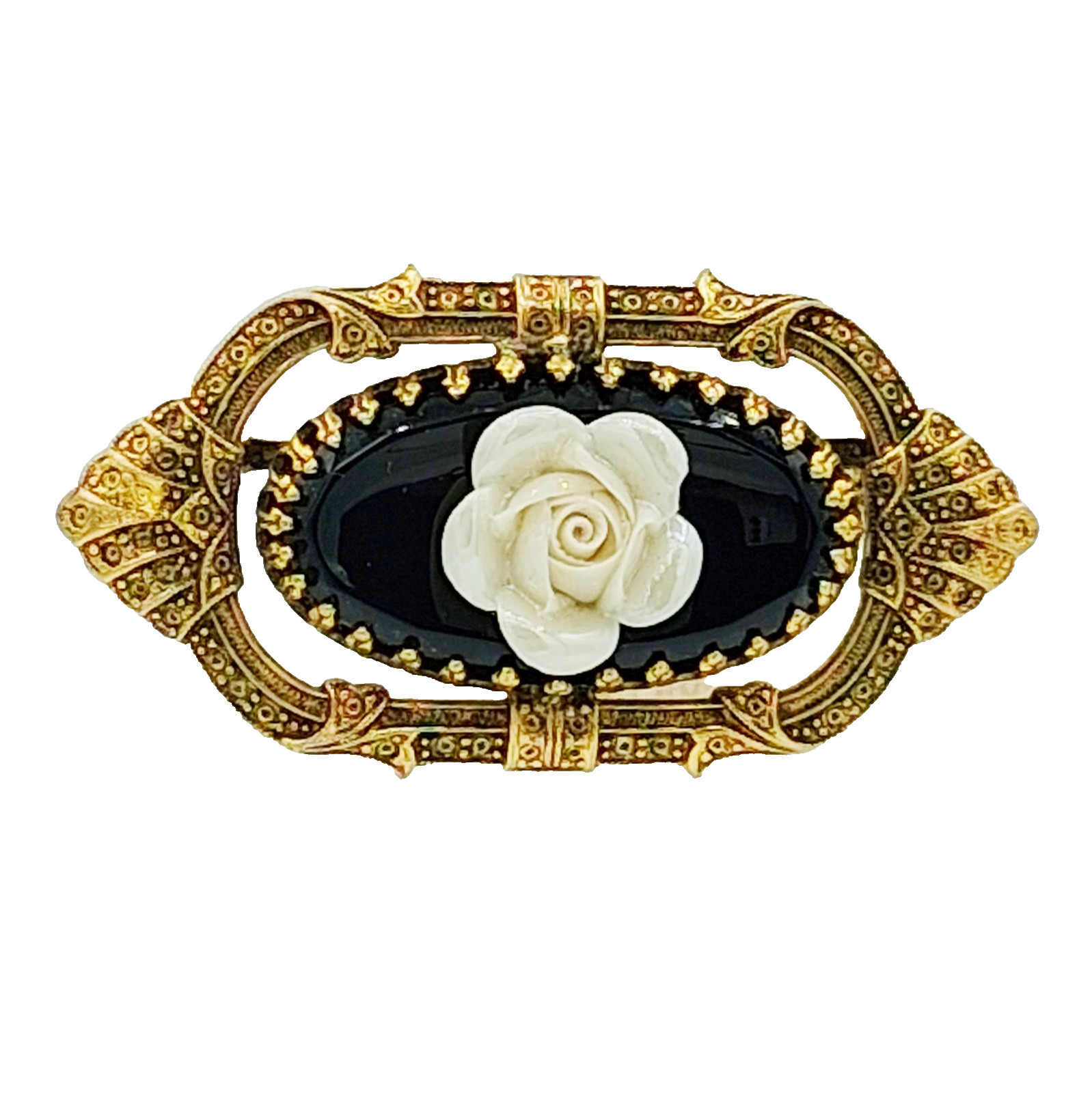 Vtg Freirich Gold Tone Rose Pin Black Oval Victorian Revival Brooch 2