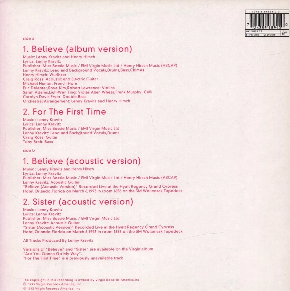 Lenny Kravitz Believe 10" vinyl UK Virgin 1993 limited edition 4 track pic disc - Bild 2 von 4