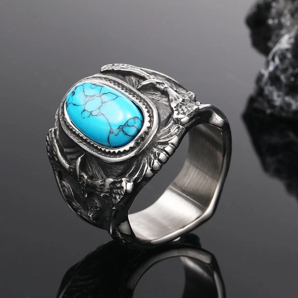 Anillo de piedra turquesa águila motociclista grande para hombre de acero inoxidable talla 7-15 Foto 2 de 4