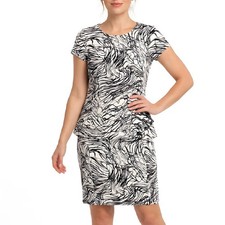 Abstract Print Dress: Elegant Black and White Office Wear (Size 40)