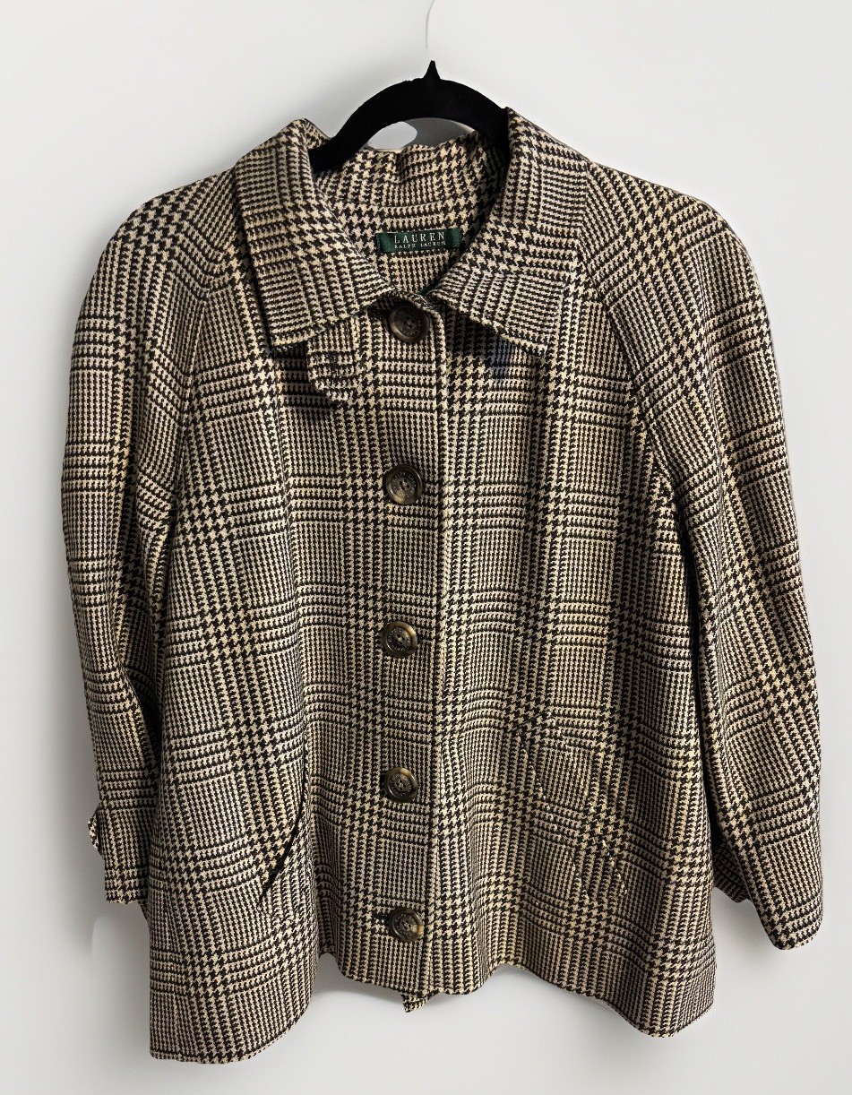 Ralph Lauren 100% Wool Houndstooth Black & Cream Swing Coat Jacket Sz. 14