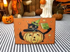 OLD VINTAGE STEAMPUNK PRIMITIVE NAPKIN STYLE HALLOWEEN BLACK MAGIC CAT WOOD SIGN