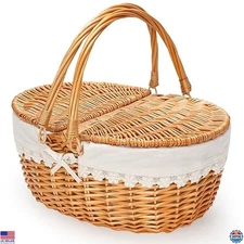 Vintage Wicker Picnic Basket with Liner, Lid & Handle - Perfect for Outdoor Fun
