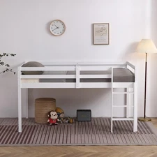 Modern Twin Size Wood Loft Bed with Ladder and Guardrail White
