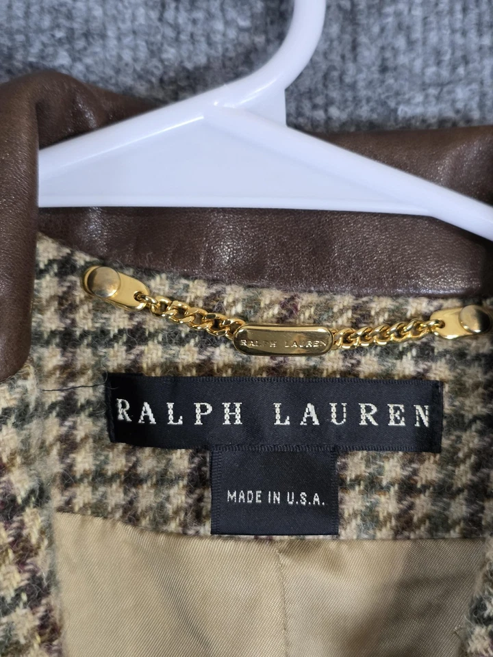 Blazer Ralph Lauren para mujer 10 pata de gallo tweed cachemir cuero cuello hecho en EE. UU. Foto 2 de 4