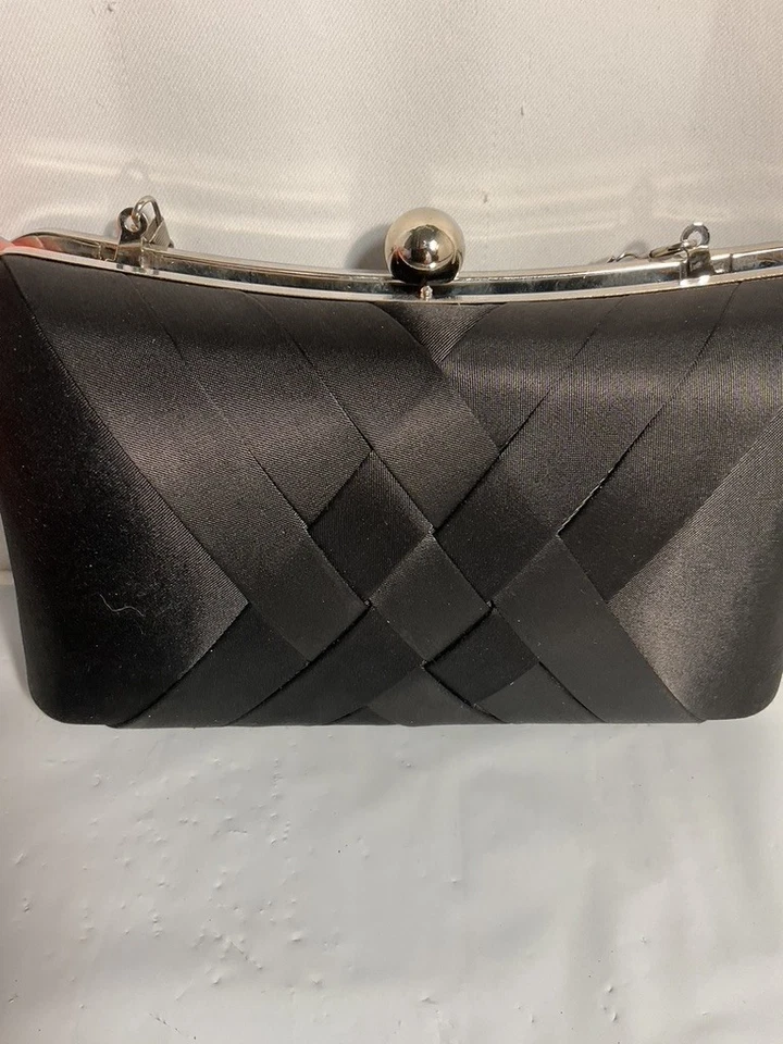 Bolso sin asas duro tejido negro satinado noche fiesta cierre redondo glamoroso Foto 4 de 4