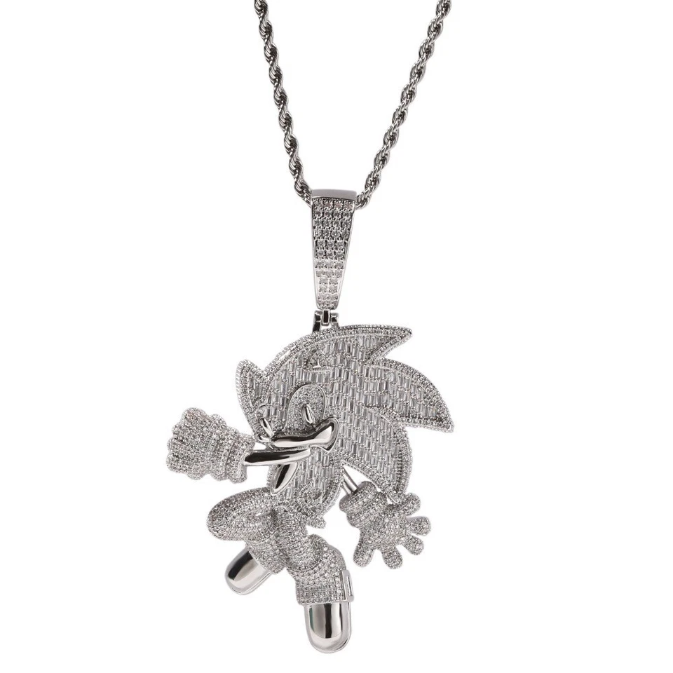 Hip Hop Brass Pendant Necklace with CZ - Sonic the Hedgehog Iced Out Bling Chain - Image 4 of 4