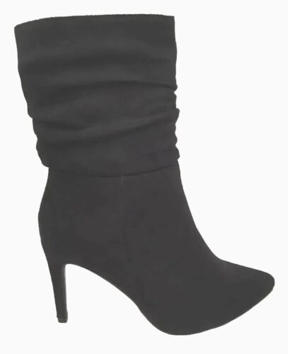 WALLIS Womens Black Ruched Faux Suede Pointed Toe Zip Up Calf Boots UK 7 - Picture 1 of 8