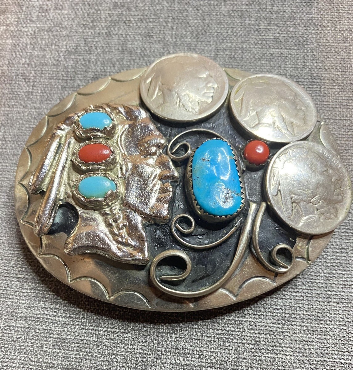 Vintage Figural Native American Buffalo Nickels Buckle w 