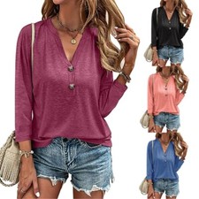 Womens Casual Short Sleeve Blouse Tops Shirts Loose V-neck Button T-shirt Blouse