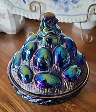 Westmoreland Cobalt Blue Carnival Chick & Eggs Easter Covered Lidded Candy Dish