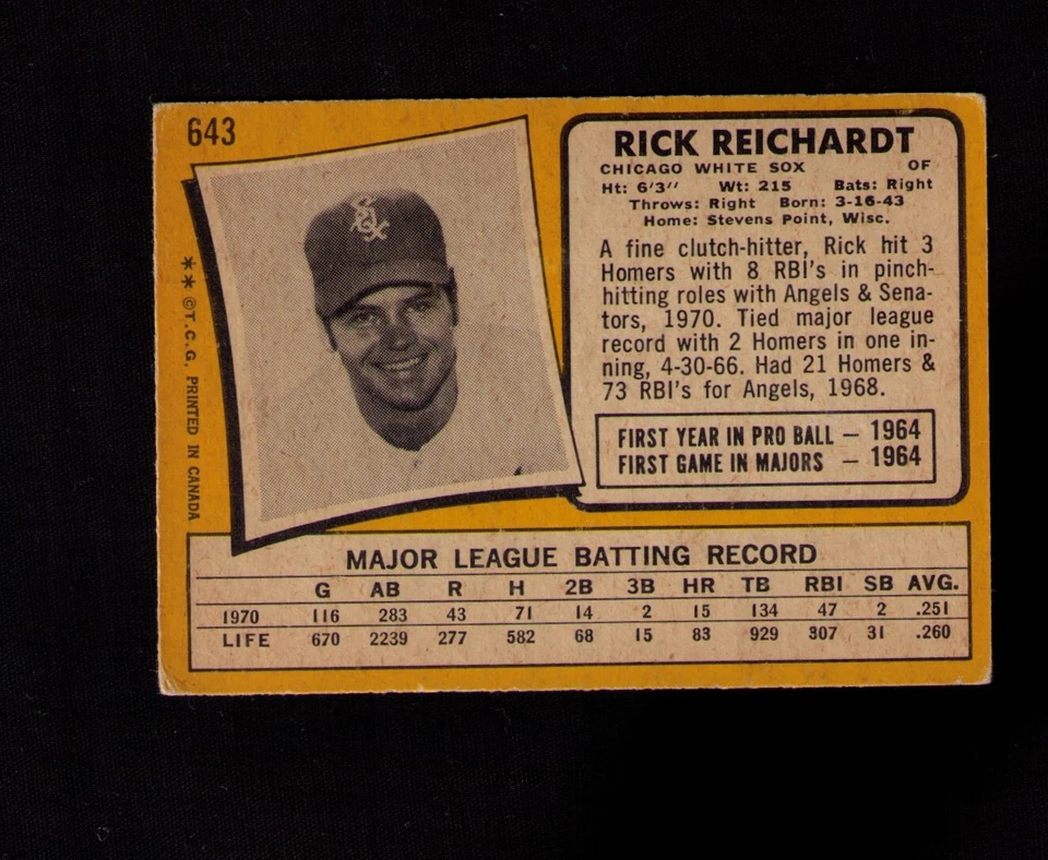 1971 OPC O-Pee-Chee Baseball #643 Rick Reichardt Chicago White Sox EX TOUGH! - Image 2 of 2