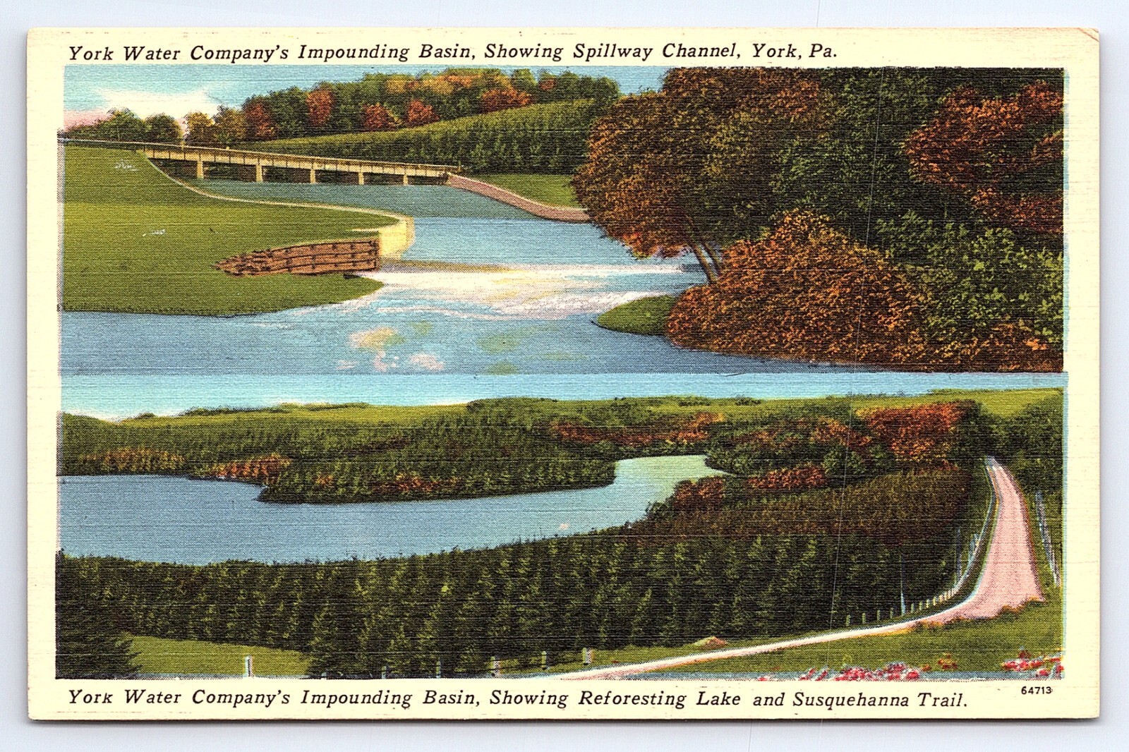 Postcard York PA Water Company Impounding Basin Spillway Channel Linen