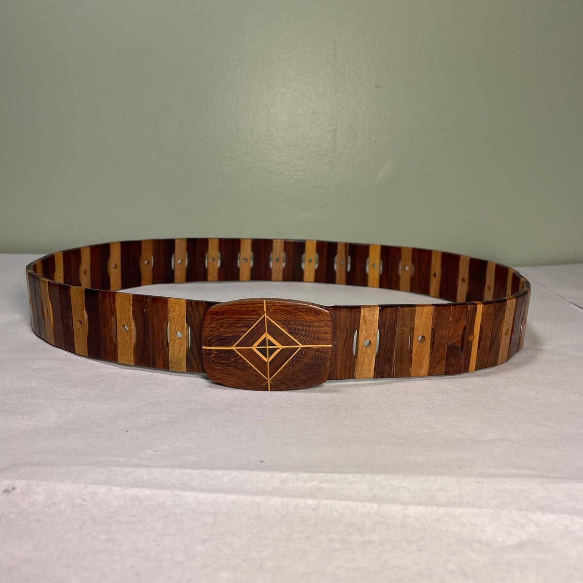 Vintage Wooden Inlay Belt Custom Geometric Diamond Wood  display picture 3
