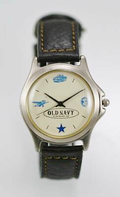 Old Navy Watch Me Black Leather Stainless Steel Silver Water Resis Beige Quartz