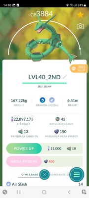 PVP BEAST!   LVL40 LEGENDARY RAYQUAZA w/2ND MOVE!   - PKMN GO - NOT REGISTERED