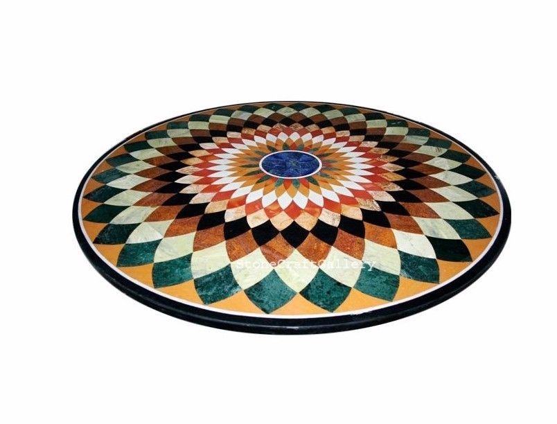 36-inch round marble table with semi-precious stone floral inlay handicraft