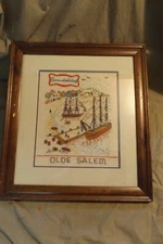 Vintage Framed Art Finished Embroidery Stitch "CROWNINSHIELD WHARF OLD SALEM"
