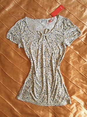 ESPRIT WOMEN BASIC CARMEN KURZARM SHIRT WEISS MILLE FLEURS GEBLÜMT M 38 NEU