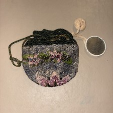 Vintage micro beaded drawstring crochet top purse With Mirror