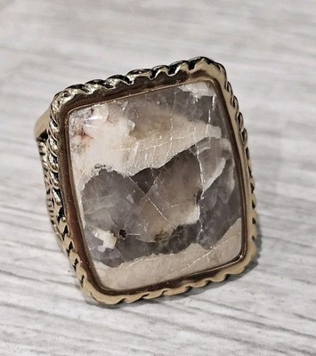 Beautiful Barse Ring SZ 7 Large Beige Pink Square Stone Wide Gold Tone Band