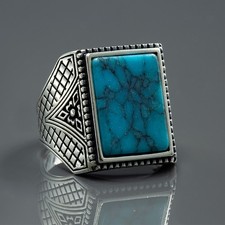 Men Handmade 925 Sterling Silver Large Square Turquoise Gemstone Ring