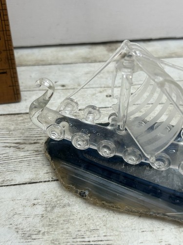 Vintage handgefertigtes mundgeblasenes Spun Guild Glas Schiff Wikinger Langboot mit Ornament - Bild 8 von 12