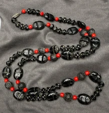 Neiger Brothers Antique Egyptian Revival Scarab Beetle Black, Red Necklace 30”