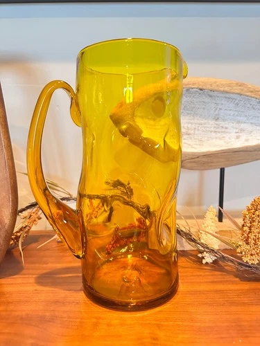 BLENKO ART GLASS PITCHER DIMPLED PINCHED AMBER GOLD VINTAGE BARWARE