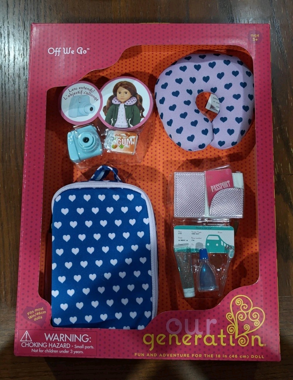 Our Generation Off We Go Heart Luggage Passport Camera Travel Accessory 18" NIB