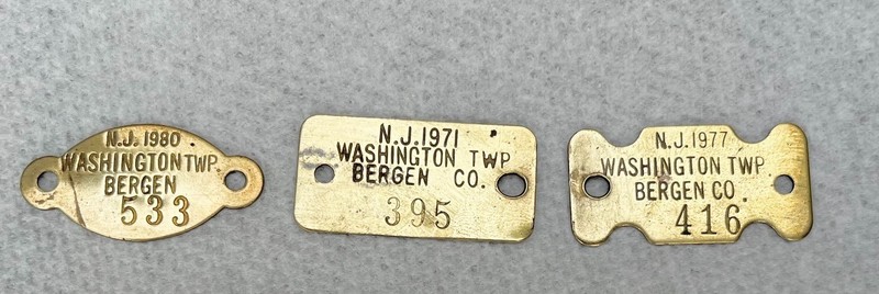 3 VINTAGE NEW JERSEY BRASS RABIES TAGS (1971, 1977, 1980) FREE SHIPPING