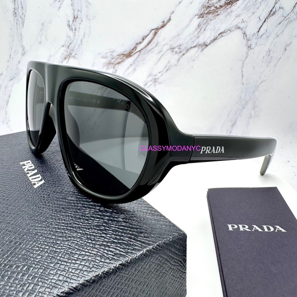 New PRADA Sunglasses Black Aviator Shield Seen on Kendall 