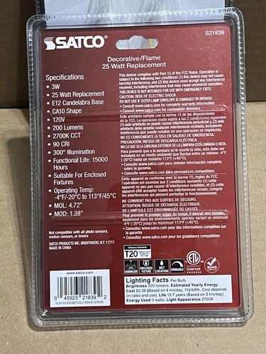 Satco S21839 Led Flame Light Bulb 3W 25W Warm White CA10 Candelabra 4-Pack New - Picture 4 of 4