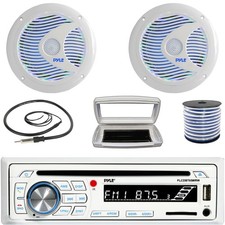 Pyle 1-DIN Marine CD Receiver W/White Cover, 2x 6.5'' 150W Max RGB LED Speakers