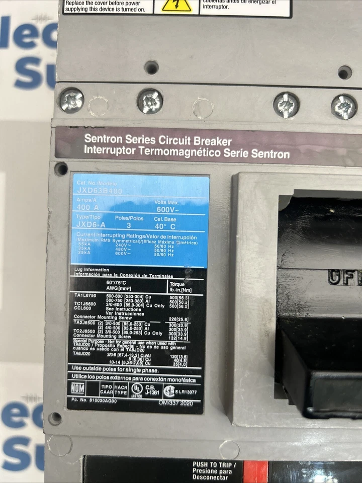 JXD63B400 Siemens 400 AMP CIRCUIT BREAKER 600V 3 POLE JXD63B400 - Image 2 of 3