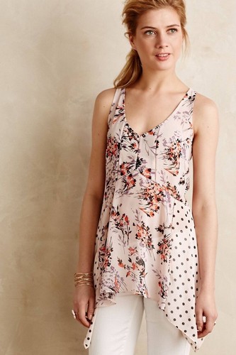 Anthropologie Vanessa Virginia Polka Dot Mix Media Hanky Hem Tank Top SZ Small S - Picture 2 of 9