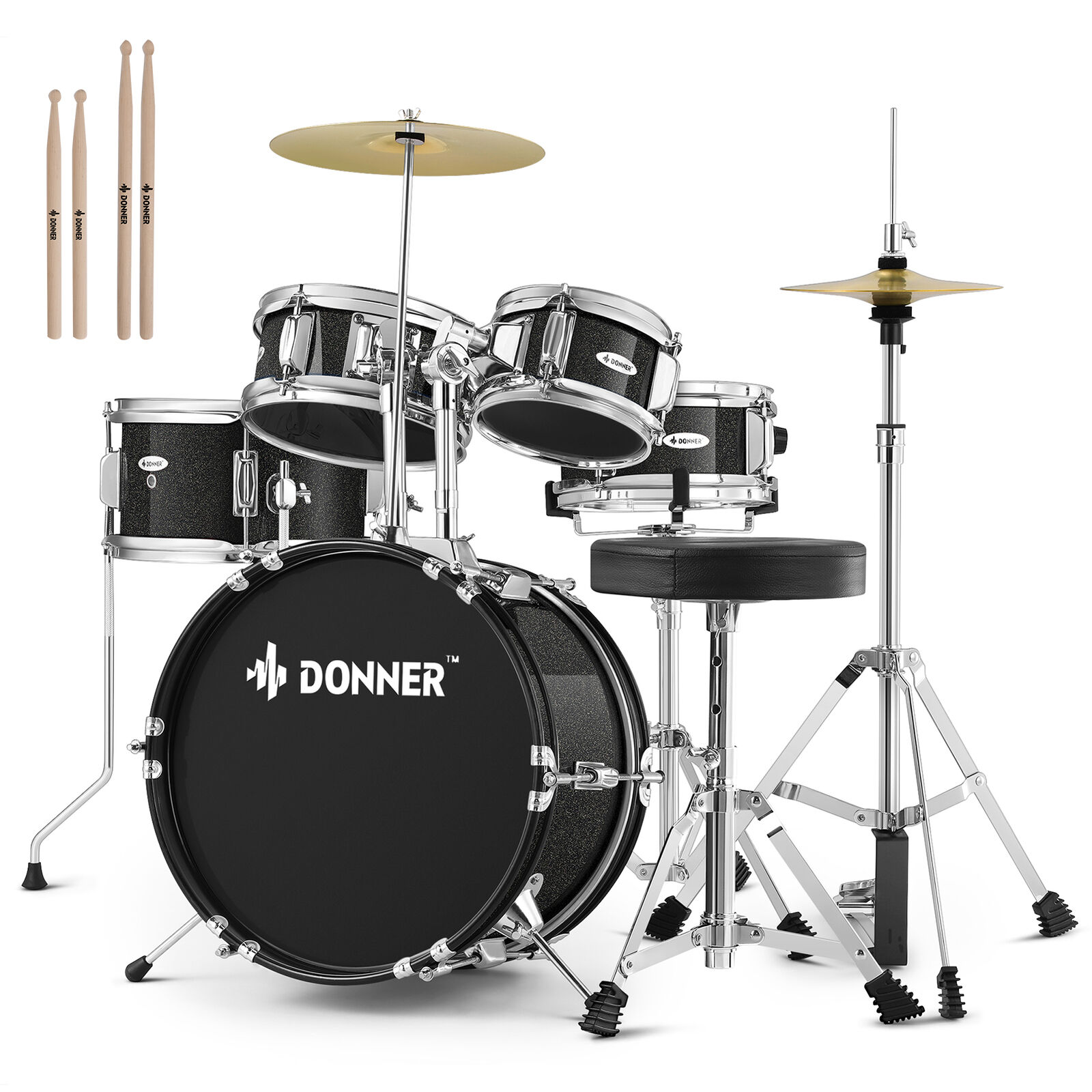 Donner 14" 5-Piece Acoustic Drum Set Complete Kids Junior Beginner Kits Black