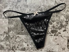 NWT VICTORIA'S SECRET BLACK MESH SEQUIN SPARKLE PINK BOW V STRING THONG PANTIES